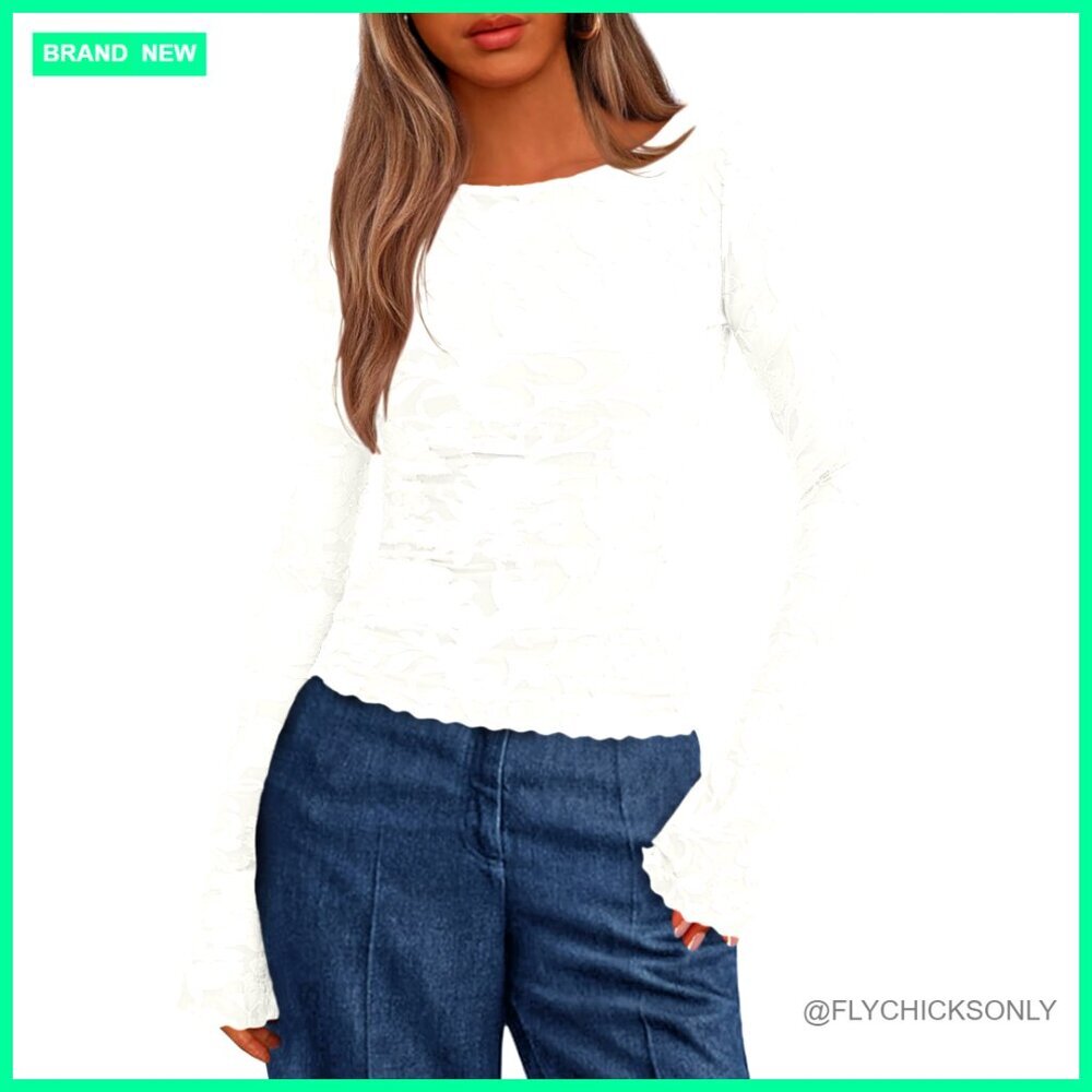 Floral Long Sleeve Blouse Bell Sleeves Slim Fit Work Casual Top